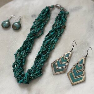 VTG Turquoise Nugget Bib Necklace Mexican Chevron Earrings Alpaca Boho Artisan